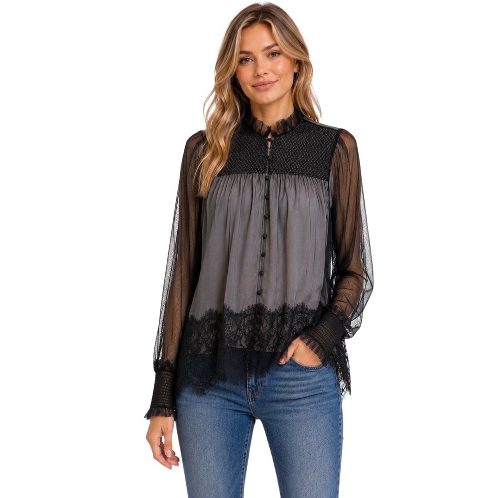 Anthropologie Sheer Mesh Lace Trim Blouse Grey Black Long Sleeve Smocked Top M